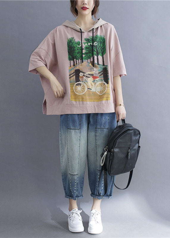 Pink Hooded Print Patchwork Cotton T Shirt Tops Summer