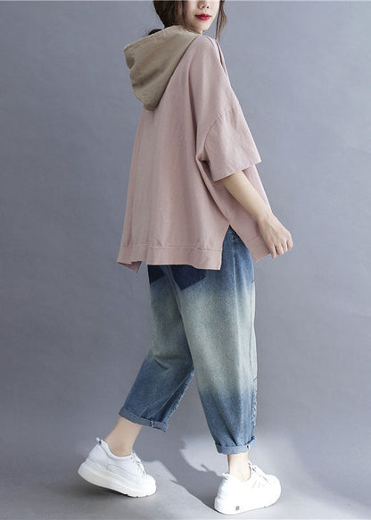Pink Hooded Print Patchwork Cotton T Shirt Tops Summer