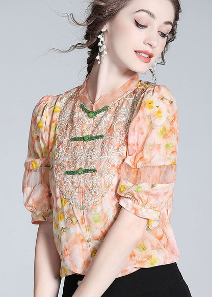 Pink Lace Embroideried Patchwork Silk Blouse Tops Spring