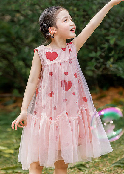Pink Love Print Patchwork Wrinkled Tulle Kids Long Dresses Summer