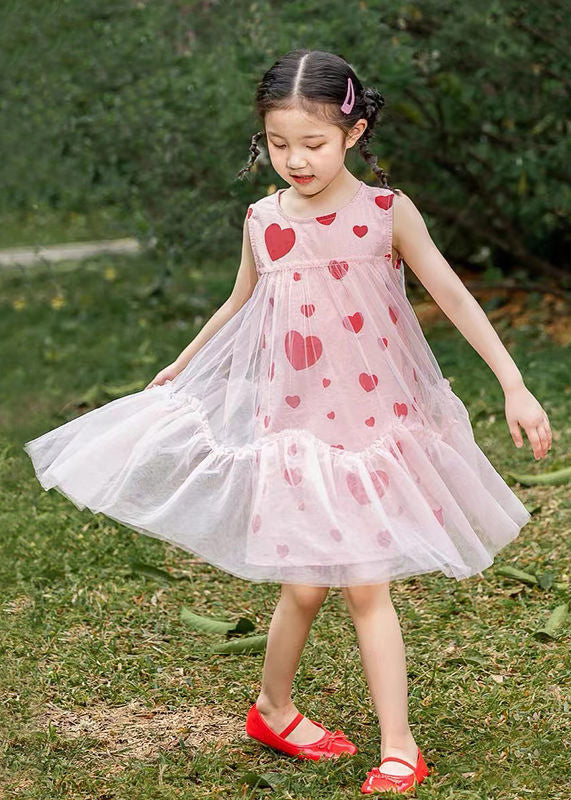 Pink Love Print Patchwork Wrinkled Tulle Kids Long Dresses Summer