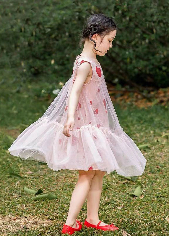 Pink Love Print Patchwork Wrinkled Tulle Kids Long Dresses Summer