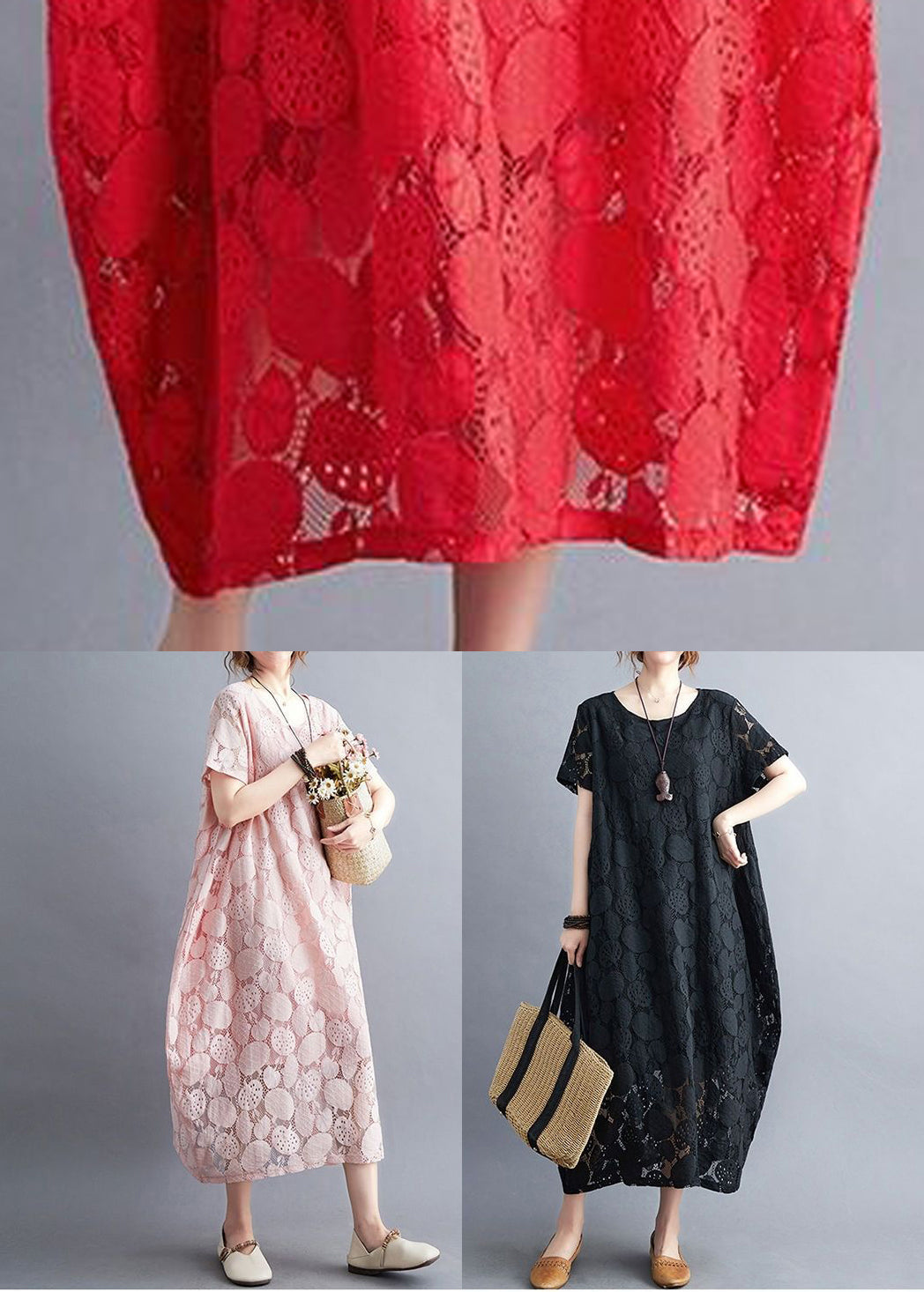 Pink O-neck Embroideried Lace Dress Summer