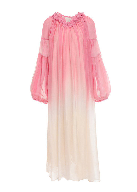 Pink O-neck Gradient Color Embroideried Hoold Silk Maxi Dresses Long Sleeve