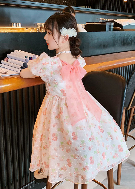 Pink O Neck Print Patchwork Chiffon Kids Princess Dress Summer