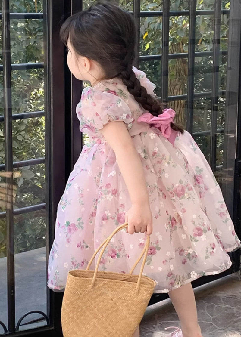 Pink O Neck Print Wrinkled Patchwork Tulle Kids Dresses Summer
