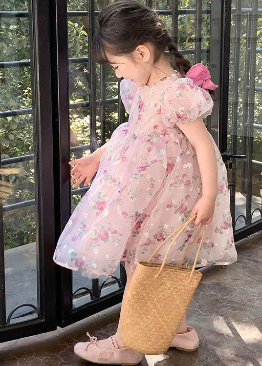Pink O Neck Print Wrinkled Patchwork Tulle Kids Dresses Summer