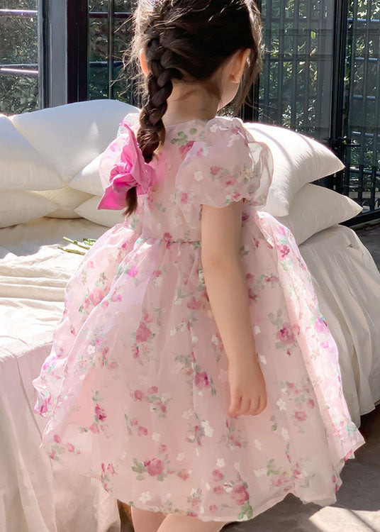 Pink O Neck Print Wrinkled Patchwork Tulle Kids Dresses Summer