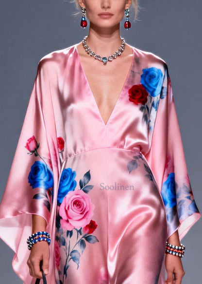 Pink Oversized Print Silk Vacation Dress Summer