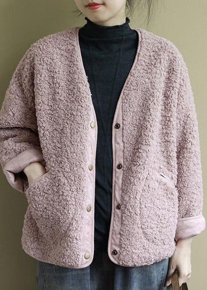Pink Pockets Button Fall Winter Thick Coats Long Sleeve
