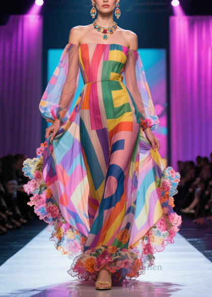 Pink Print Patchwork Ruffled Chiffon Strapless Dress Summer