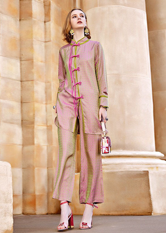 Pink Print Silk Cotton Shirts and Crop Pants Two Pieces Set Fall