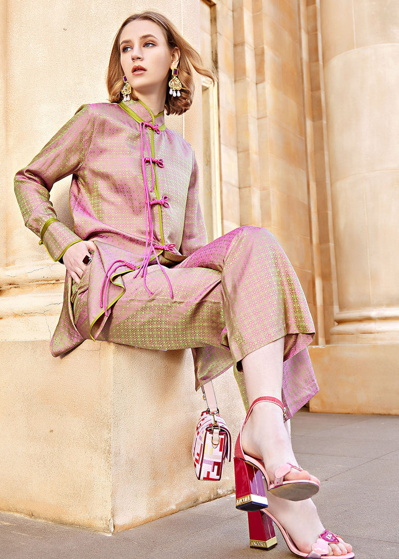 Pink Print Silk Cotton Shirts and Crop Pants Two Pieces Set Fall