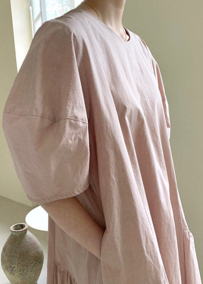Pink Puff Sleeve Patchwork Cotton Vacation Dresses Spring