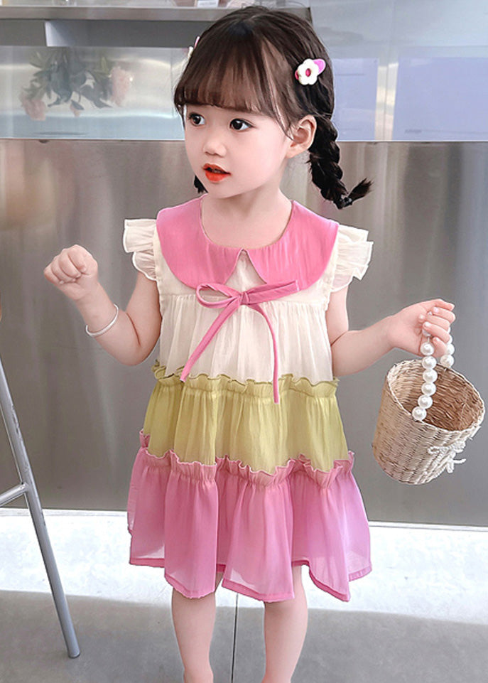 Pink Ruffled Patchwork Cotton Kids Vacation Mid Dress Sleeveless