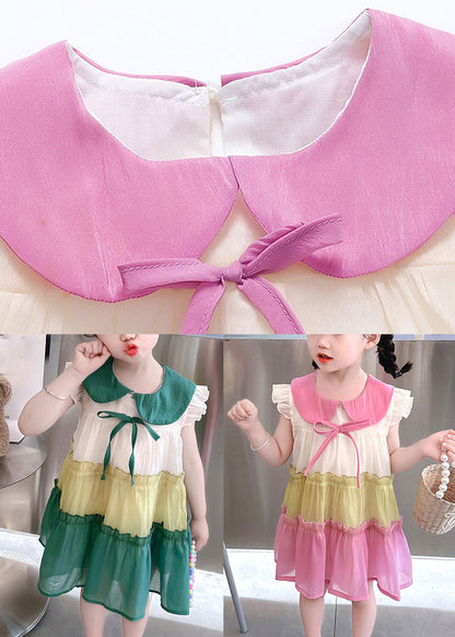 Pink Ruffled Patchwork Cotton Kids Vacation Mid Dress Sleeveless