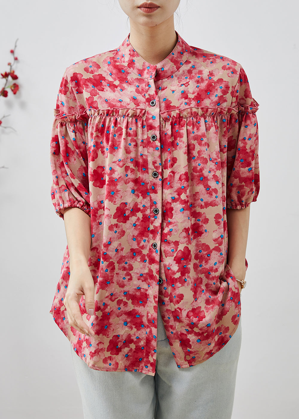 Pink Ruffled Print Chiffon Shirts Summer