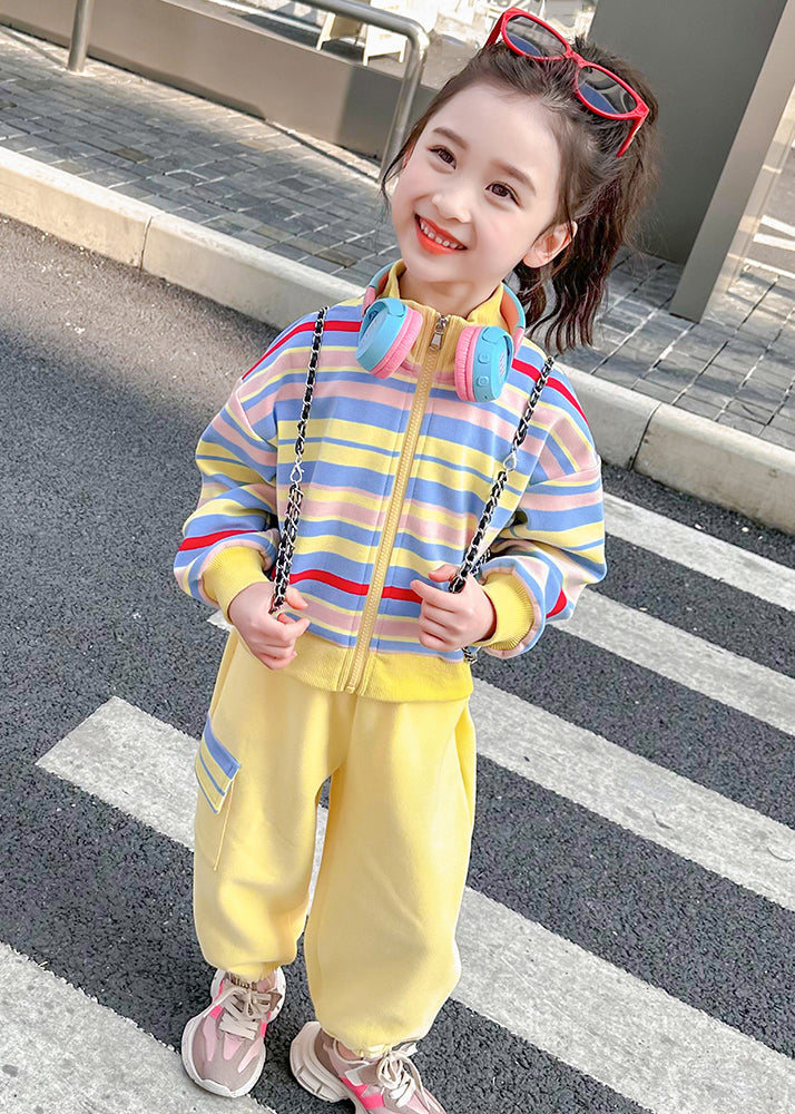 Pink Striped Zippered Kids Top and Pants Two Pieces Set Spring