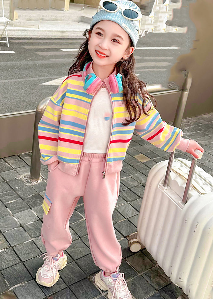 Pink Striped Zippered Kids Top and Pants Two Pieces Set Spring