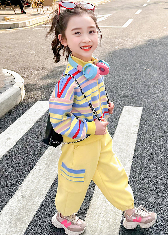 Pink Striped Zippered Kids Top and Pants Two Pieces Set Spring