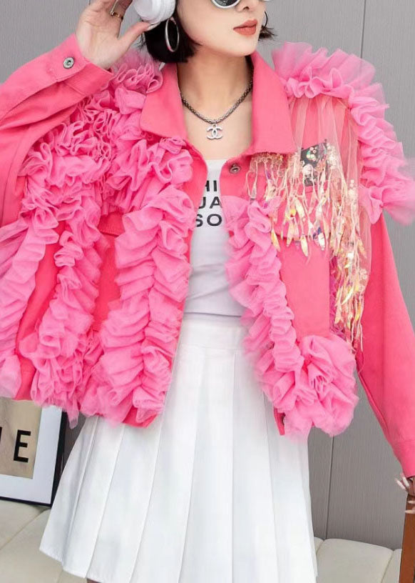 Pink Tulle Ruffled Tasseled Patchwork Denim Jackets Spring