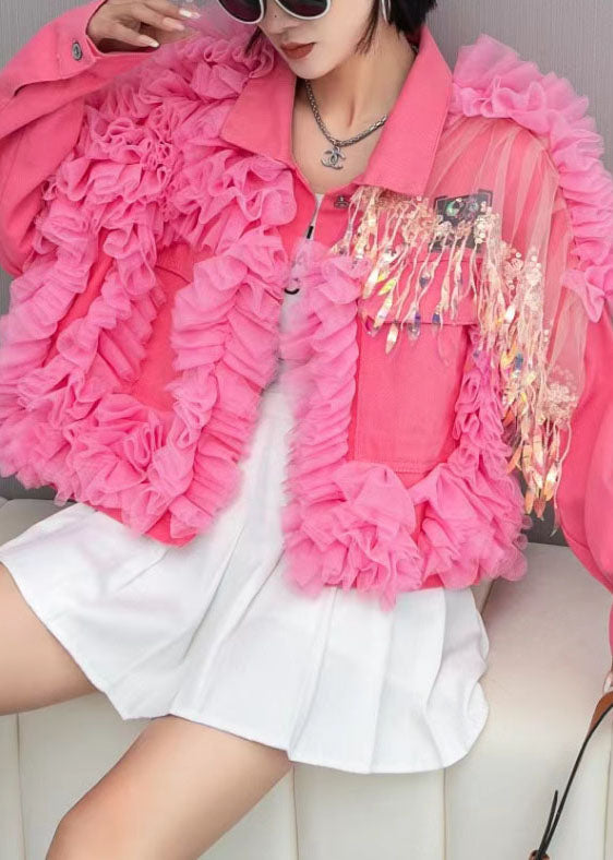 Pink Tulle Ruffled Tasseled Patchwork Denim Jackets Spring