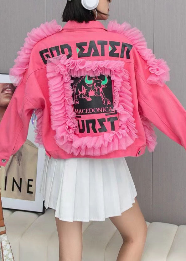 Pink Tulle Ruffled Tasseled Patchwork Denim Jackets Spring