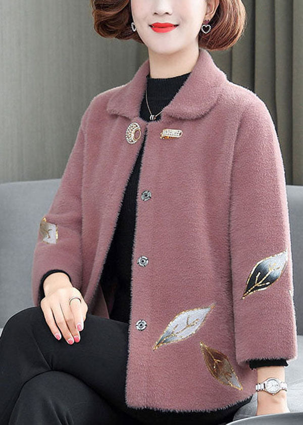 Pink Turn-down Collar Embroideried Thick Mink Hair Velvet Coats Winter