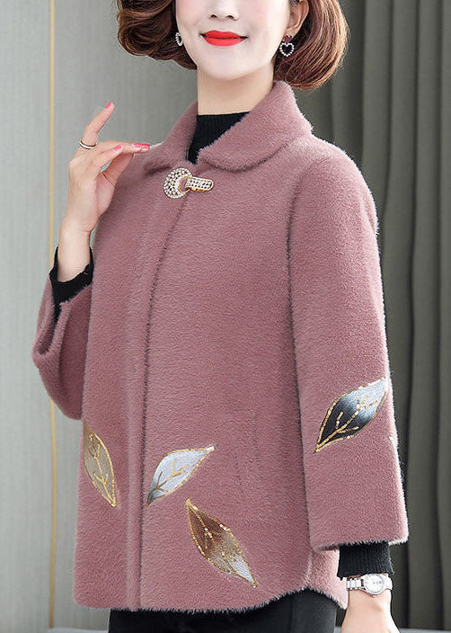 Pink Turn-down Collar Embroideried Thick Mink Hair Velvet Coats Winter