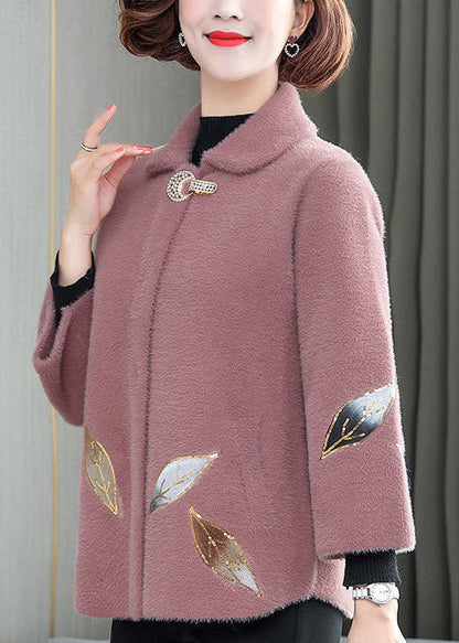 Pink Turn-down Collar Embroideried Thick Mink Hair Velvet Coats Winter