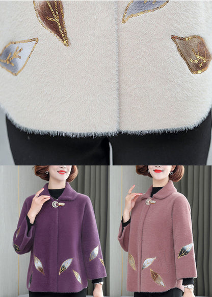 Pink Turn-down Collar Embroideried Thick Mink Hair Velvet Coats Winter