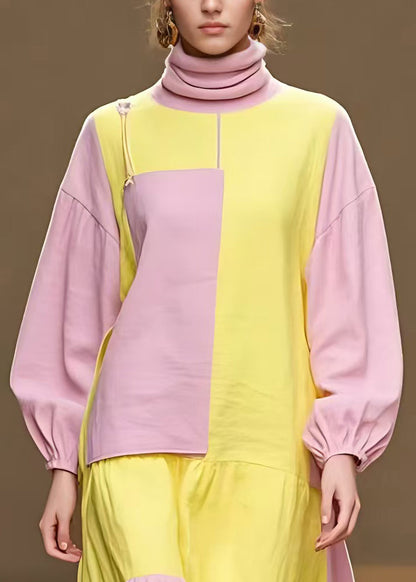 Pink Turtleneck Patchwork Cotton Dress Fall