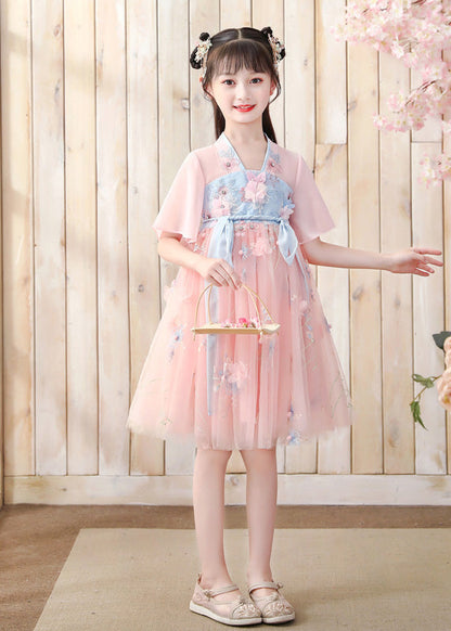 Pink V Neck Embroideried Layered Tulle Kids Mid Dress Short Sleeve