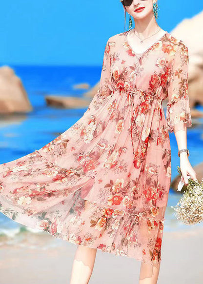 Pink V Neck Print Drawstring Chiffon Party Dress Flare Sleeve