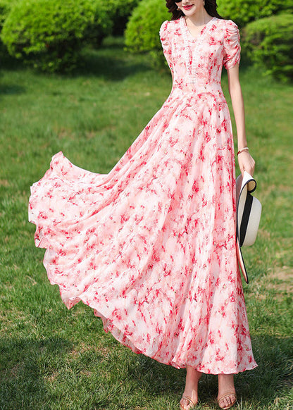 Pink V Neck Print Wrinkled Chiffon Long Dresses Summer