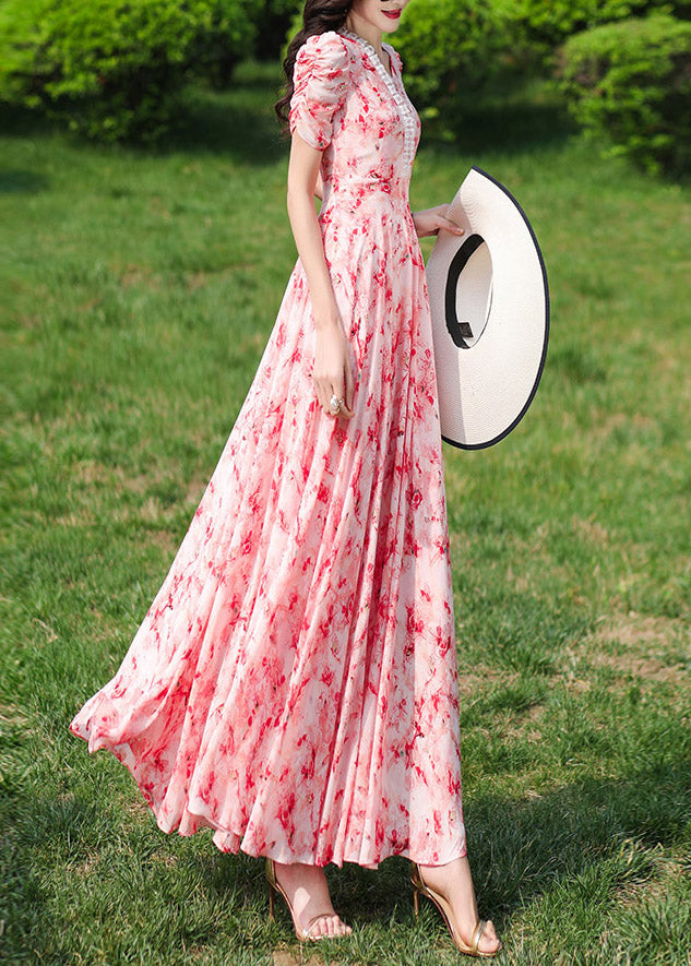 Pink V Neck Print Wrinkled Chiffon Long Dresses Summer