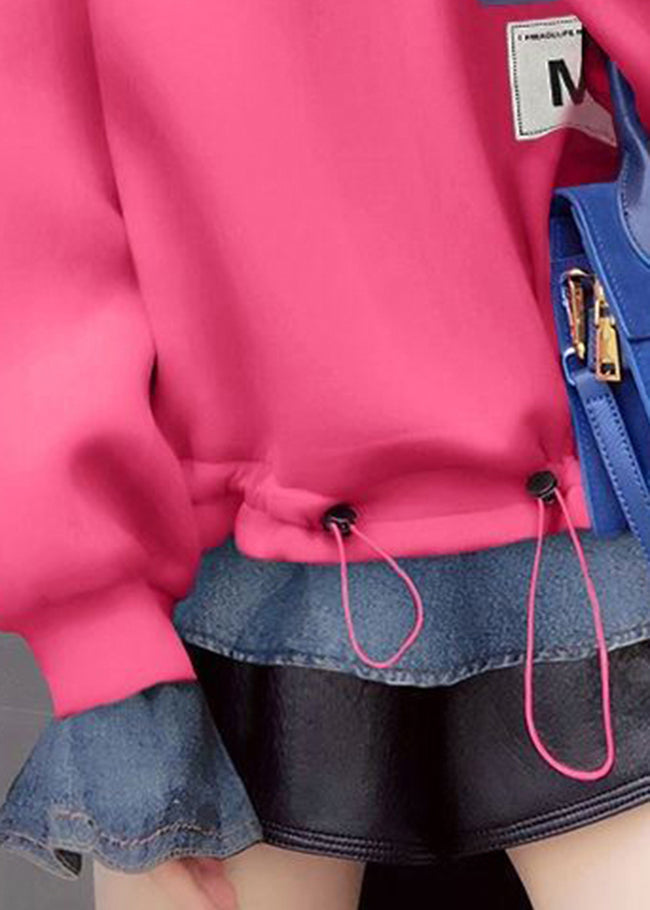 Pink Drawstring Peter Pan Collar Denim Patchwork Sweatshirts Top Spring