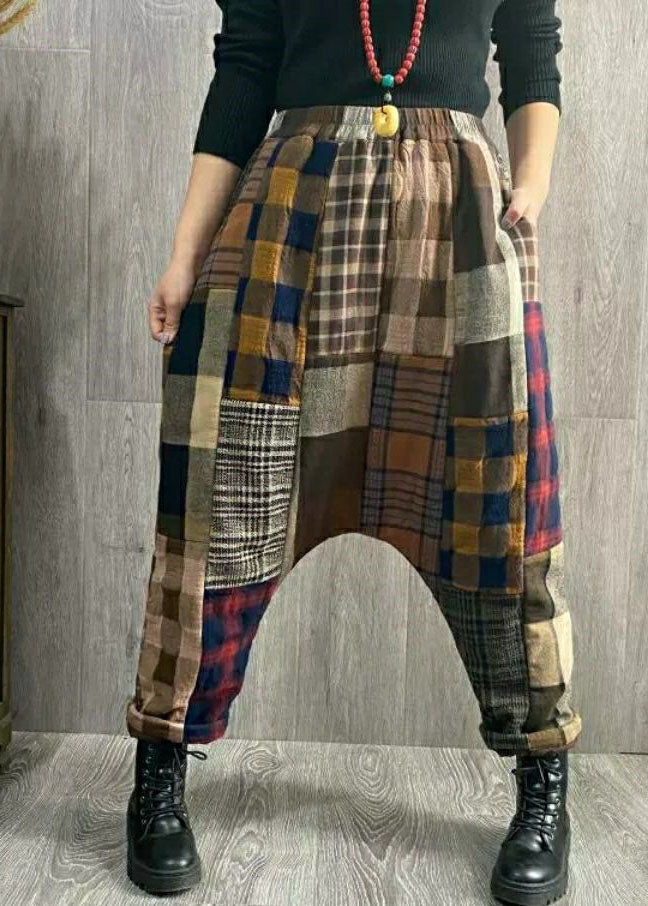 Plaid Patchwork Thick Linen Pants Winter
