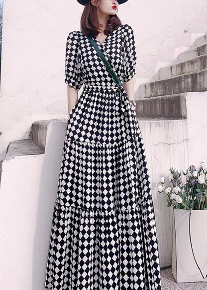 Plaid V Neck High Waist Patchwork Cotton Long Dresses Summer