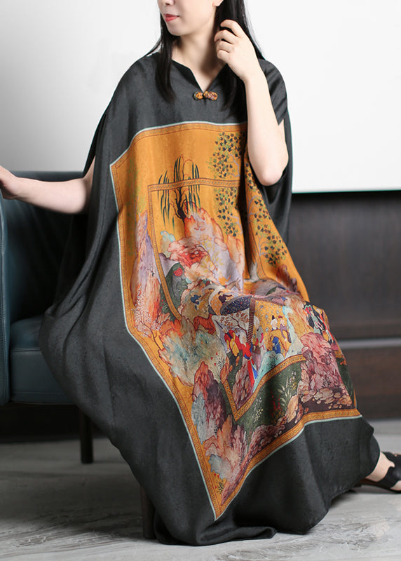 Yellow Print O-neck Silk Long Dress Batwing Sleeve