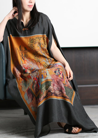 Yellow Print O-neck Silk Long Dress Batwing Sleeve