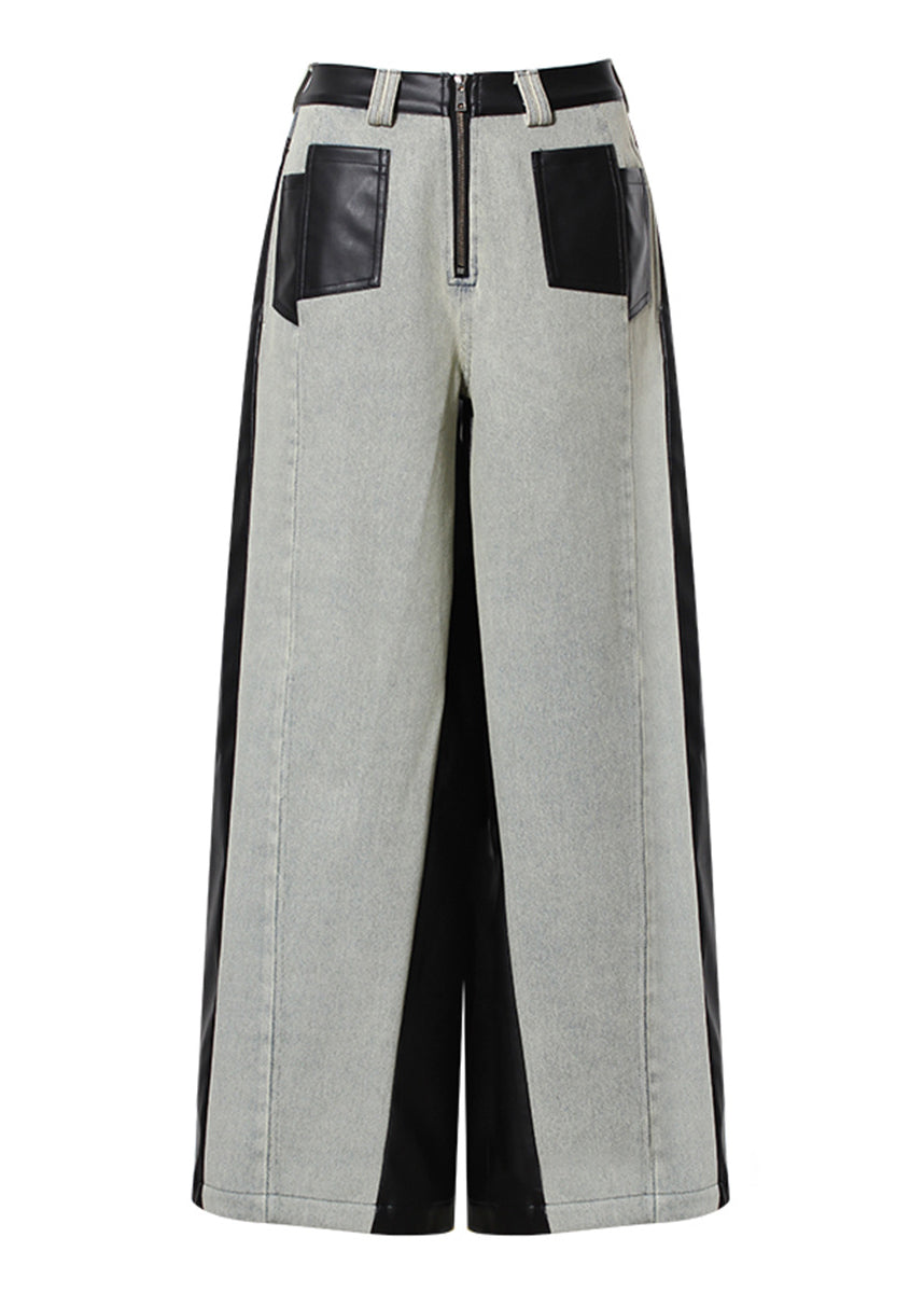 Pockets Faux Leather Patchwork Denim Wide Leg Pants Spring