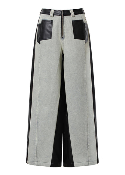 Pockets Faux Leather Patchwork Denim Wide Leg Pants Spring