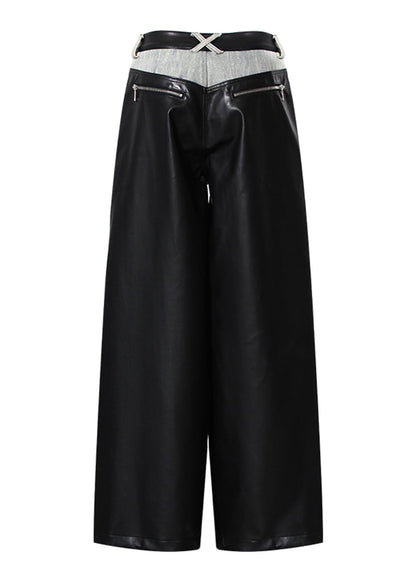 Pockets Faux Leather Patchwork Denim Wide Leg Pants Spring