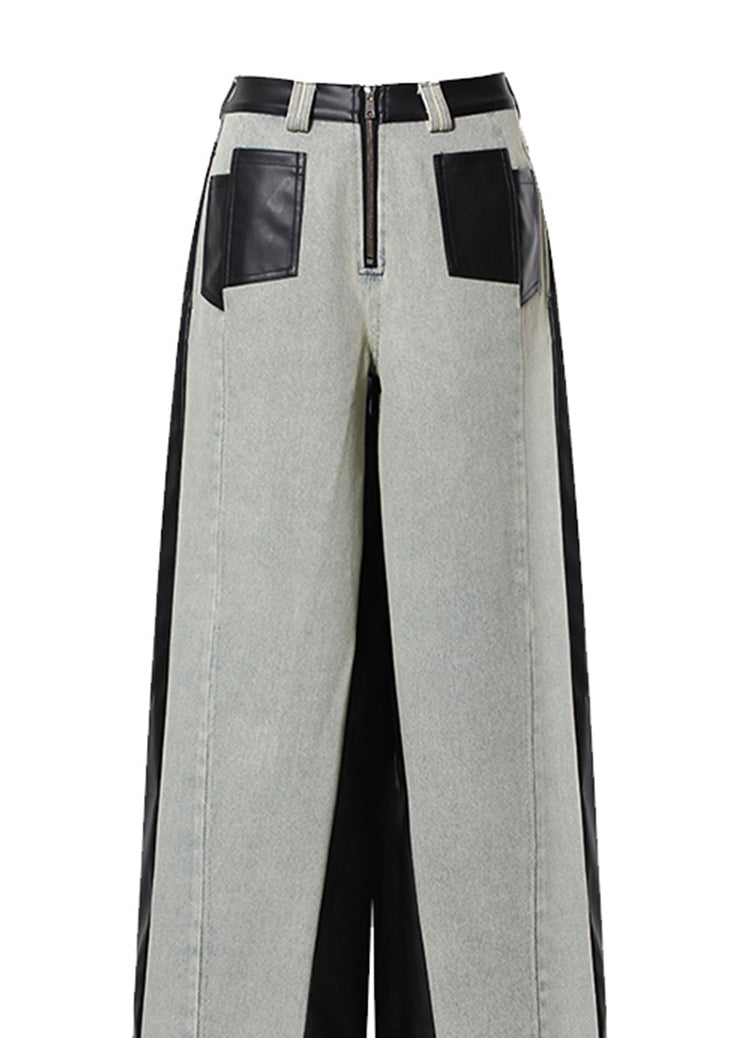 Pockets Faux Leather Patchwork Denim Wide Leg Pants Spring