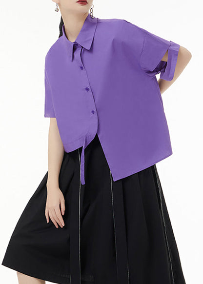 Purple Asymmetrical Button Patchwork Cotton Shirt Top Short Sleeve