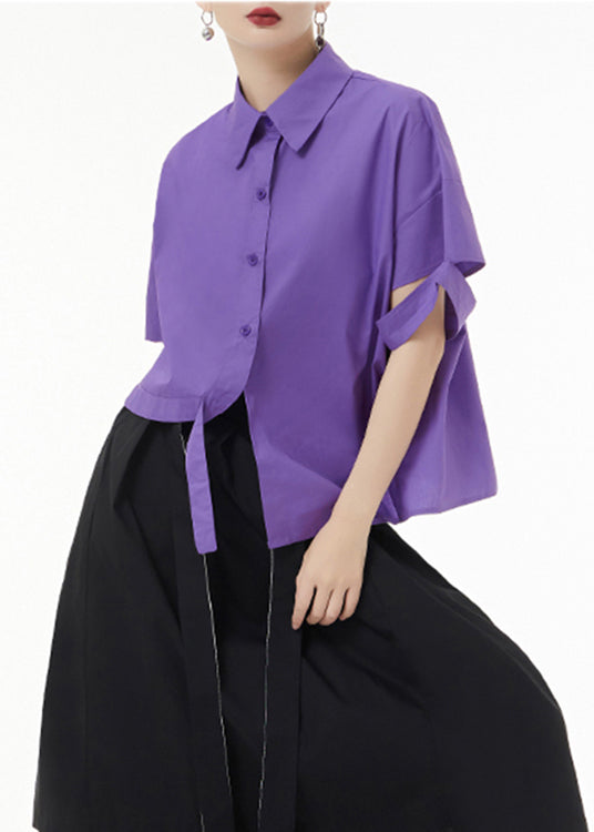 Purple Asymmetrical Button Patchwork Cotton Shirt Top Short Sleeve