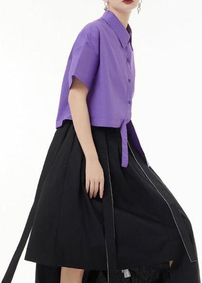 Purple Asymmetrical Button Patchwork Cotton Shirt Top Short Sleeve