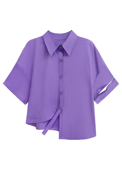 Purple Asymmetrical Button Patchwork Cotton Shirt Top Short Sleeve