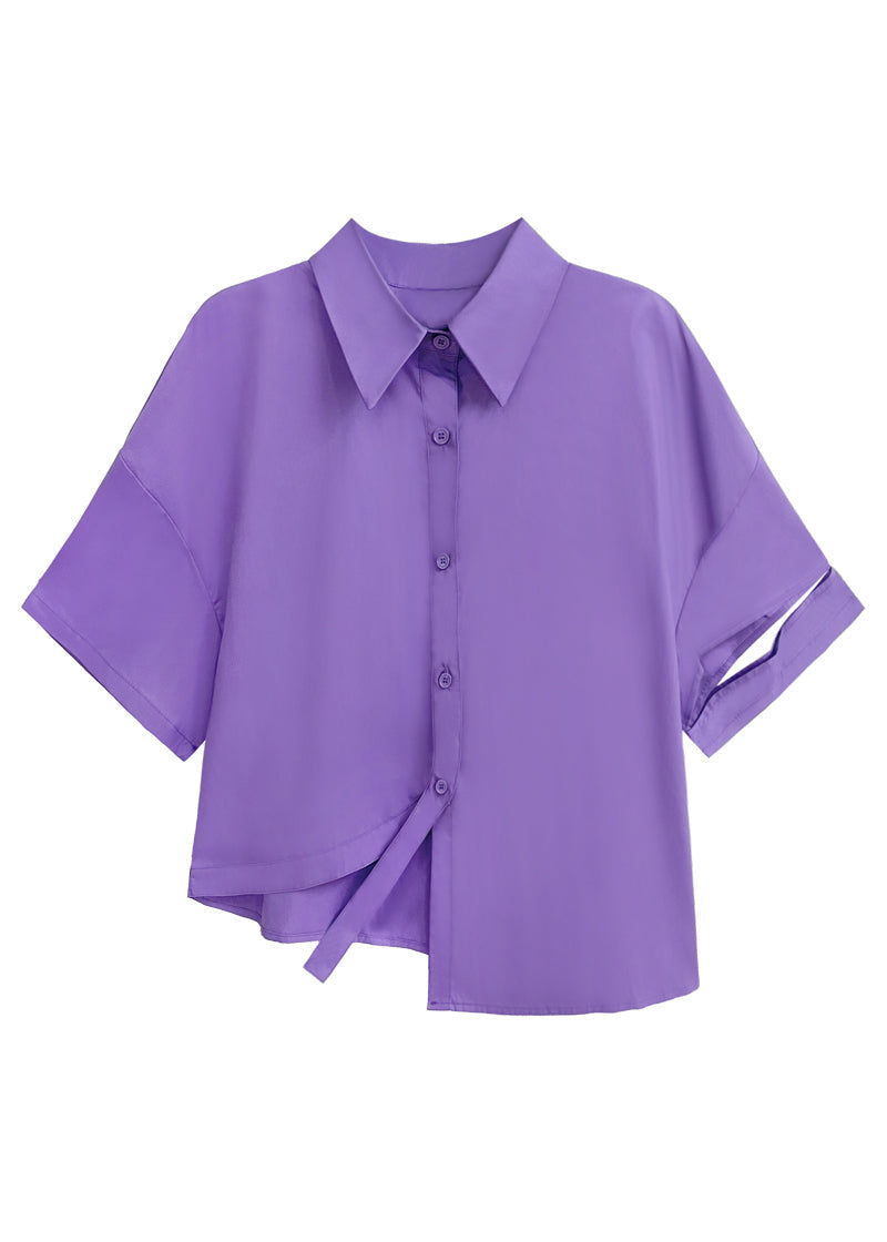 Purple Asymmetrical Button Patchwork Cotton Shirt Top Short Sleeve